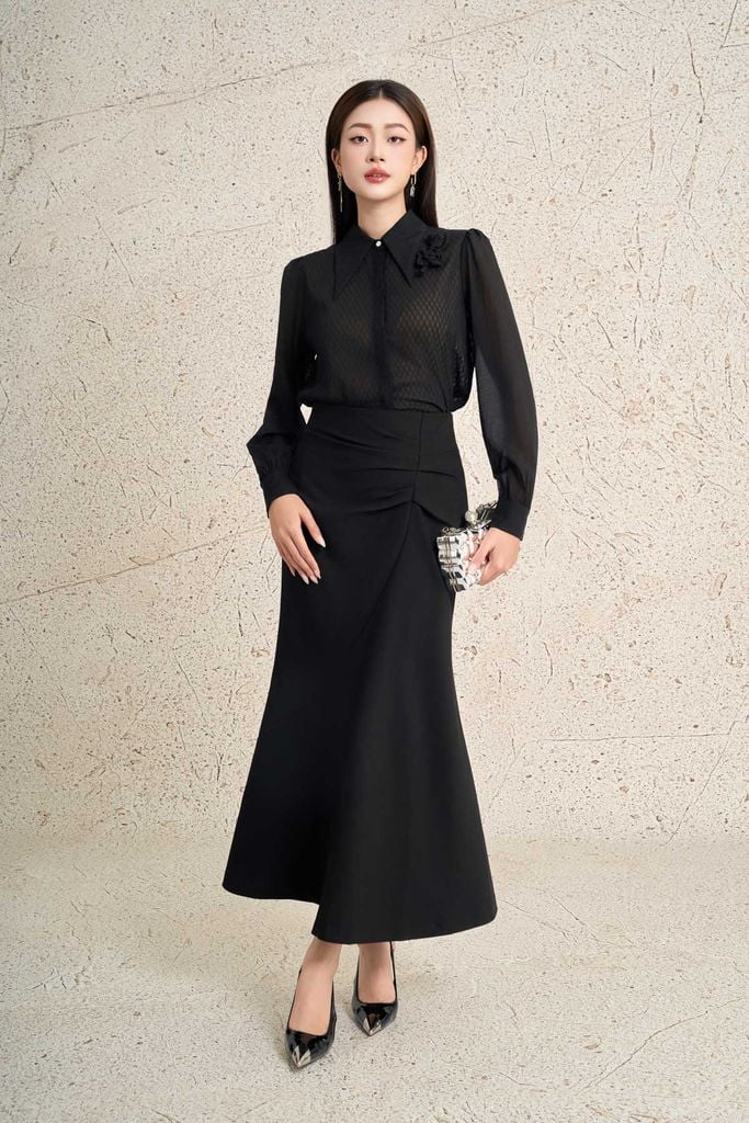 FJD51312 - Chân váy dài công sở vải thô dày dáng ôm eo phối ly nhún lệch tạo kiểu gấu váy đuôi cá thời trang - PANTIO