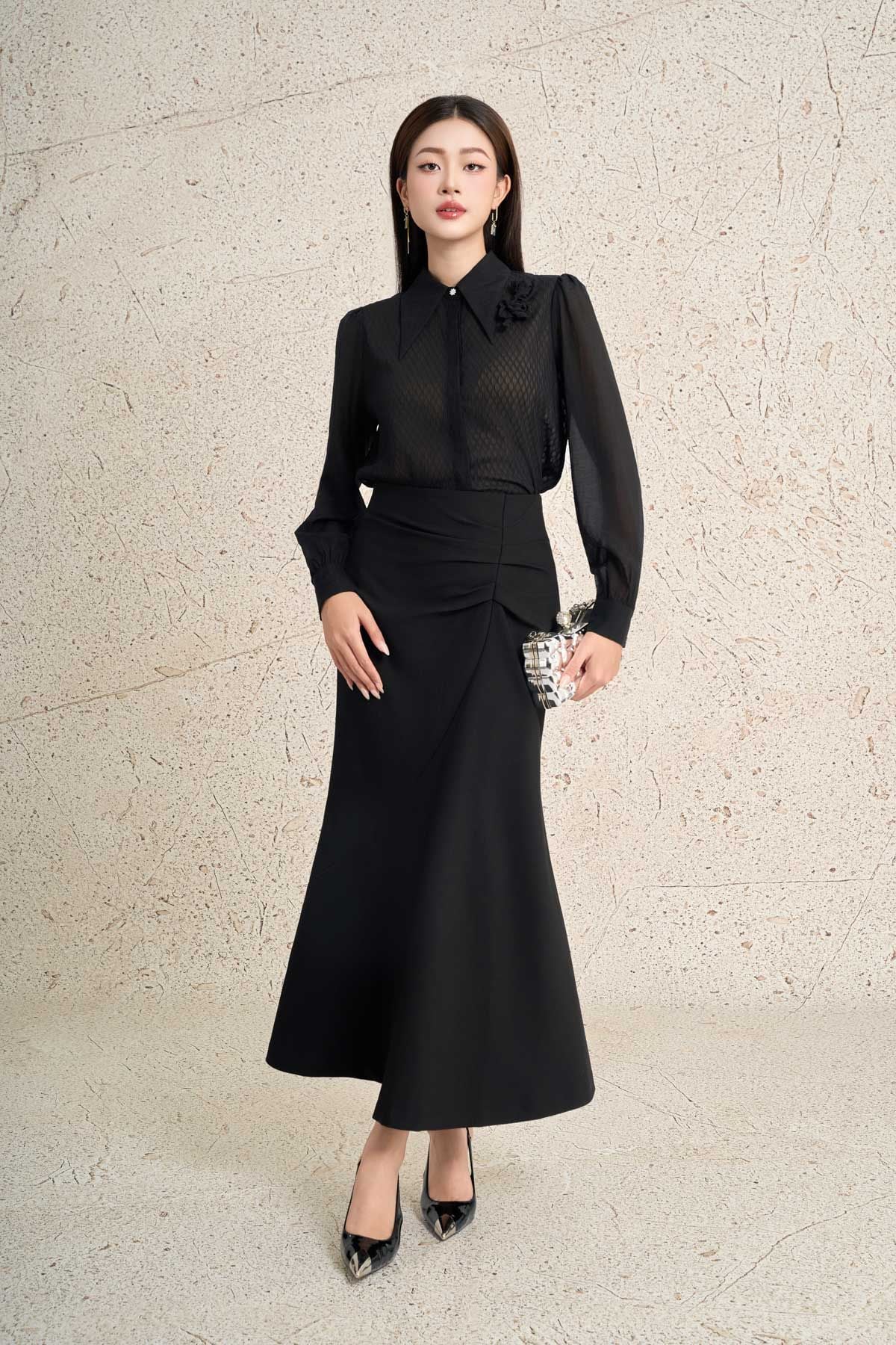 FJD51312 - Chân váy dài công sở vải thô dày dáng ôm eo phối ly nhún lệch tạo kiểu gấu váy đuôi cá thời trang - PANTIO