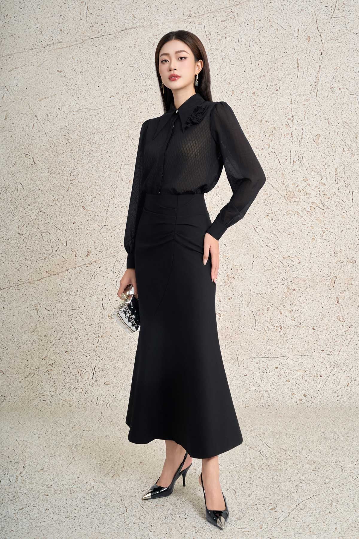 FJD51312 - Chân váy dài công sở vải thô dày dáng ôm eo phối ly nhún lệch tạo kiểu gấu váy đuôi cá thời trang - PANTIO