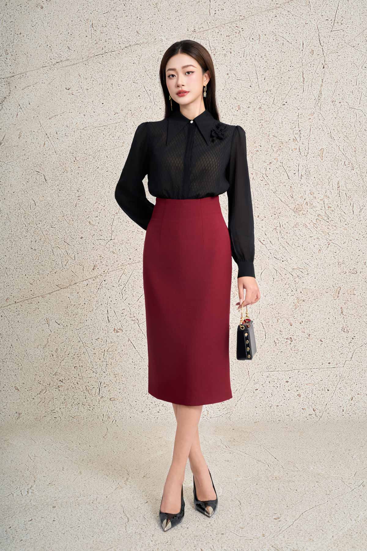 FAS53875 - tylekeo8888 công sở vải tơ dáng suông cổ bẻ tay dài phối măng sec tạo kiểu thân áo đính hoa 3D cao cấp cài khuy trước - tỷ lệ kèo 8899