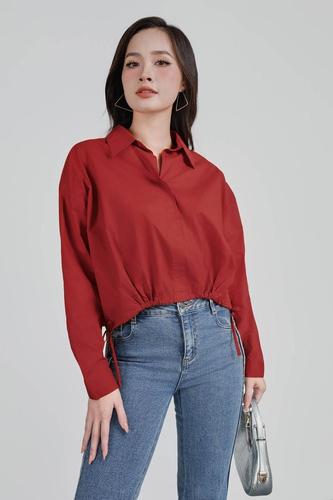 FAS53918 - Áo sơ mi công sở vải thô kate dáng suông cổ đức gấu áo bo chun phối dây nơ tạo kiểu - PANTIO