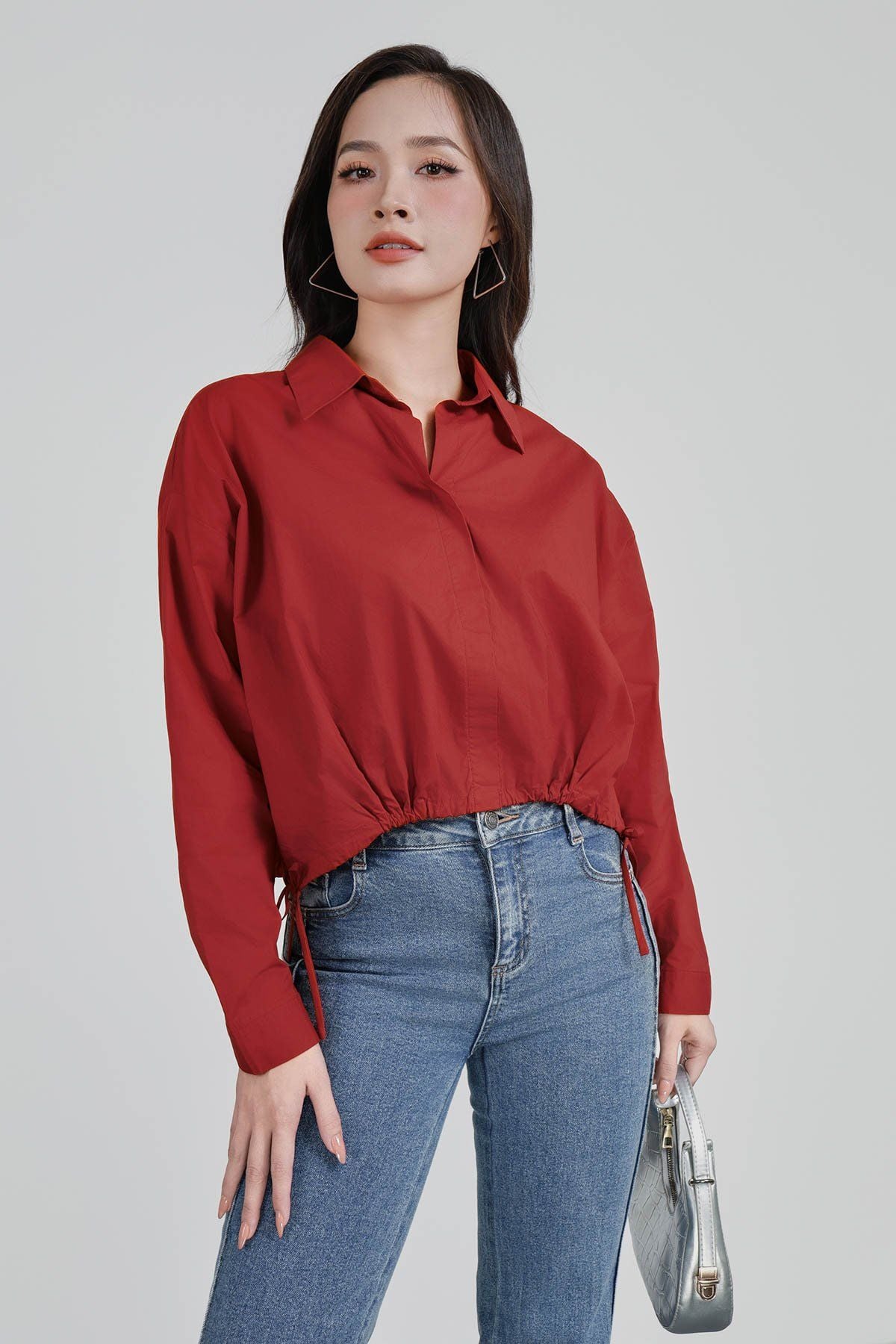 FAS53918 - Áo sơ mi công sở vải thô kate dáng suông cổ đức gấu áo bo chun phối dây nơ tạo kiểu - PANTIO