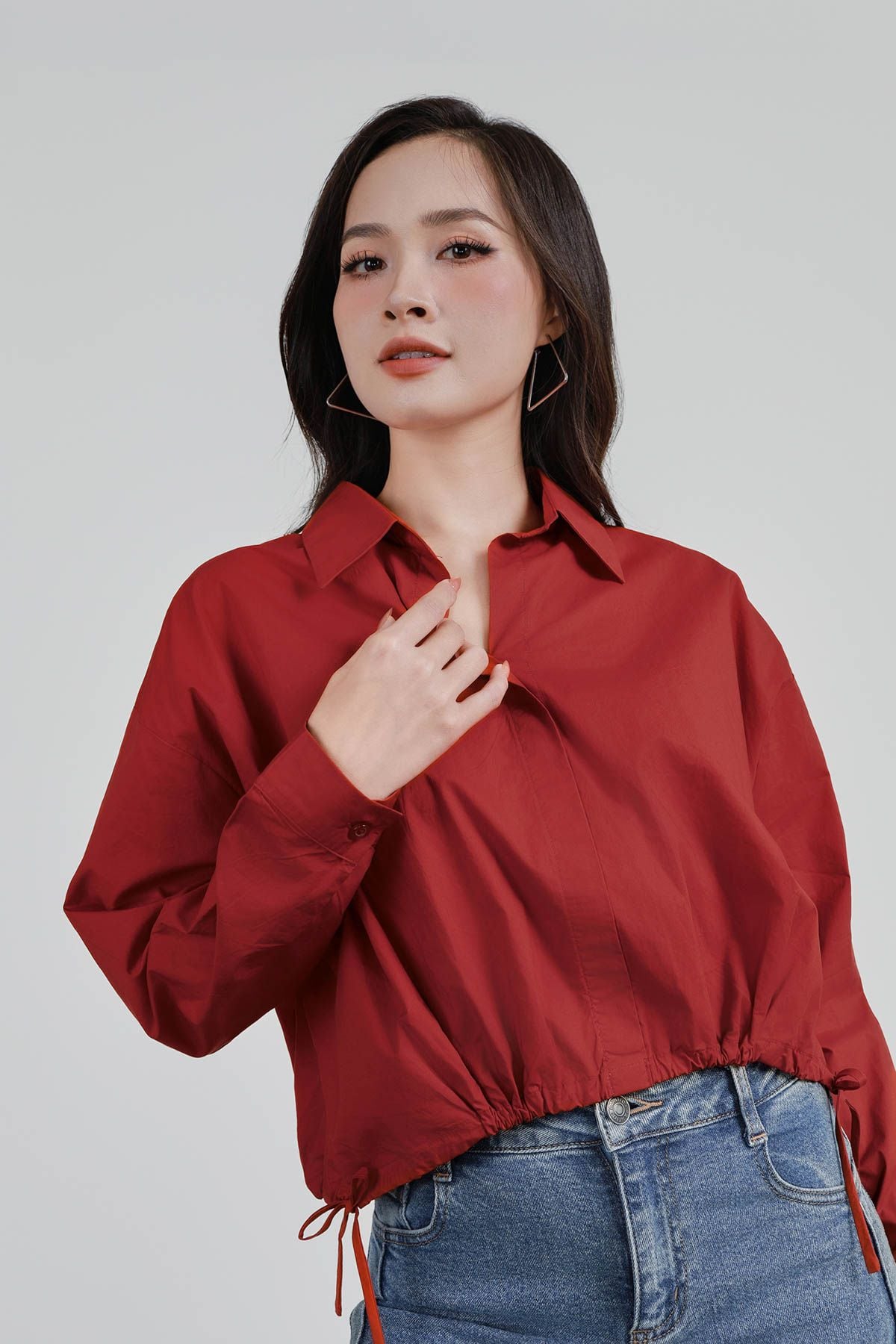 FAS53918 - Áo sơ mi công sở vải thô kate dáng suông cổ đức gấu áo bo chun phối dây nơ tạo kiểu - PANTIO