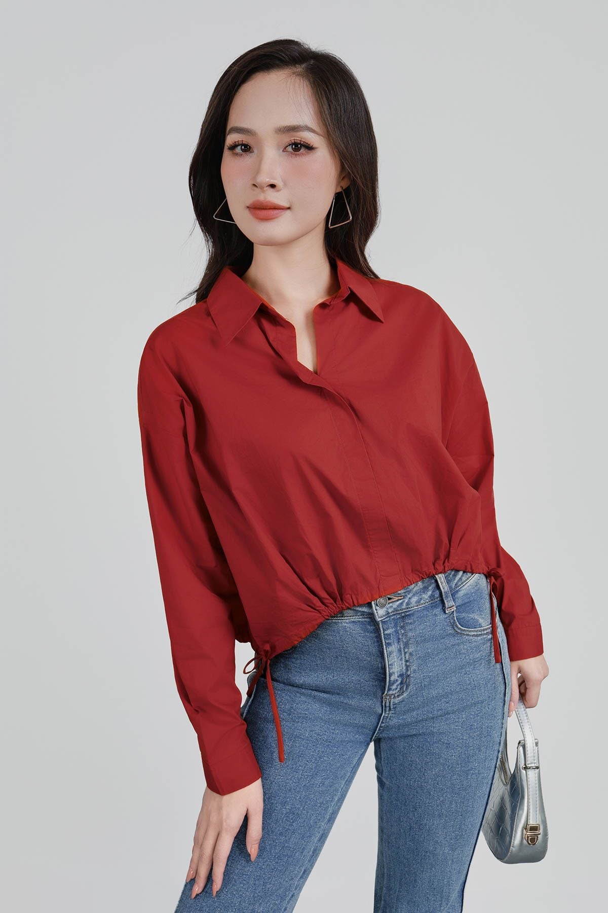 FAS53918 - Áo sơ mi công sở vải thô kate dáng suông cổ đức gấu áo bo chun phối dây nơ tạo kiểu - PANTIO