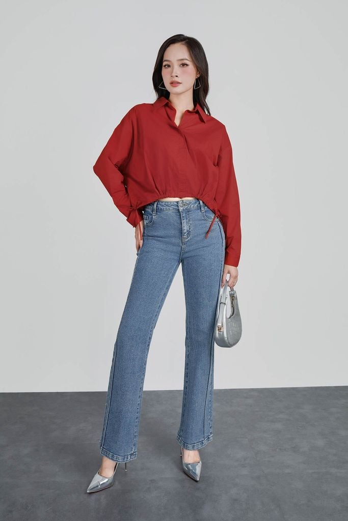 FAS53918 - Áo sơ mi công sở vải thô kate dáng suông cổ đức gấu áo bo chun phối dây nơ tạo kiểu - PANTIO