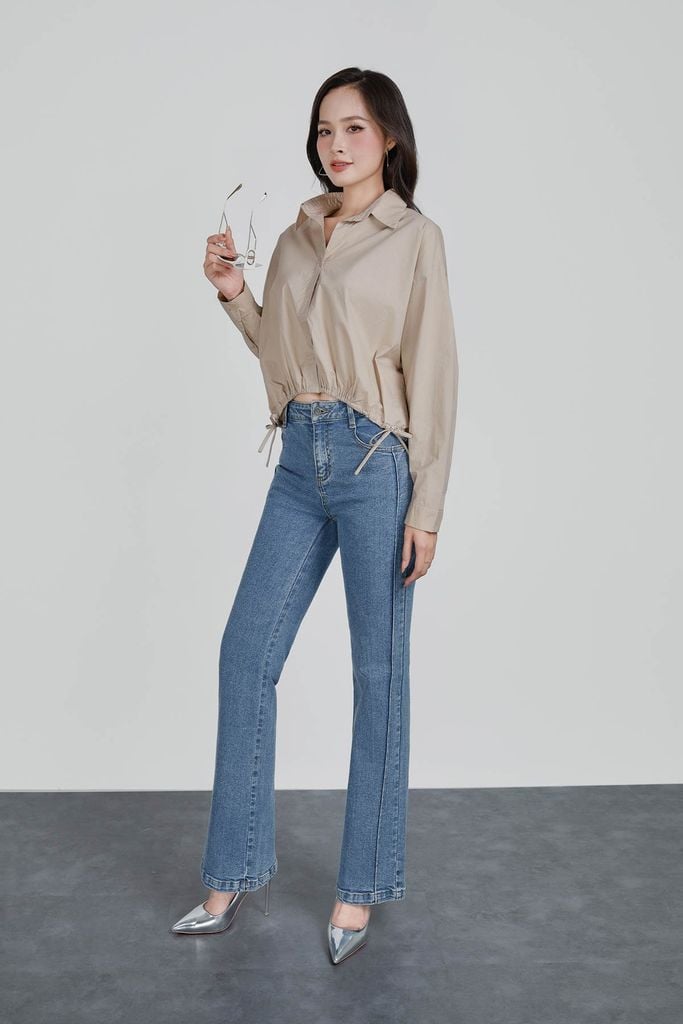 FAS53918 - Áo sơ mi công sở vải thô kate dáng suông cổ đức gấu áo bo chun phối dây nơ tạo kiểu - PANTIO