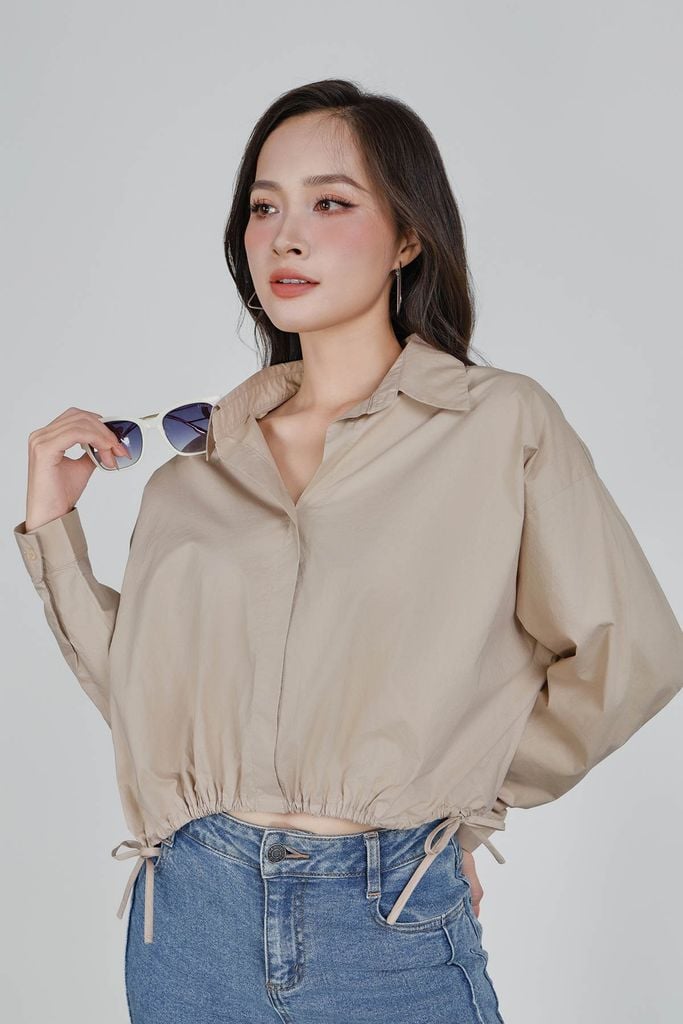 FAS53918 - Áo sơ mi công sở vải thô kate dáng suông cổ đức gấu áo bo chun phối dây nơ tạo kiểu - PANTIO