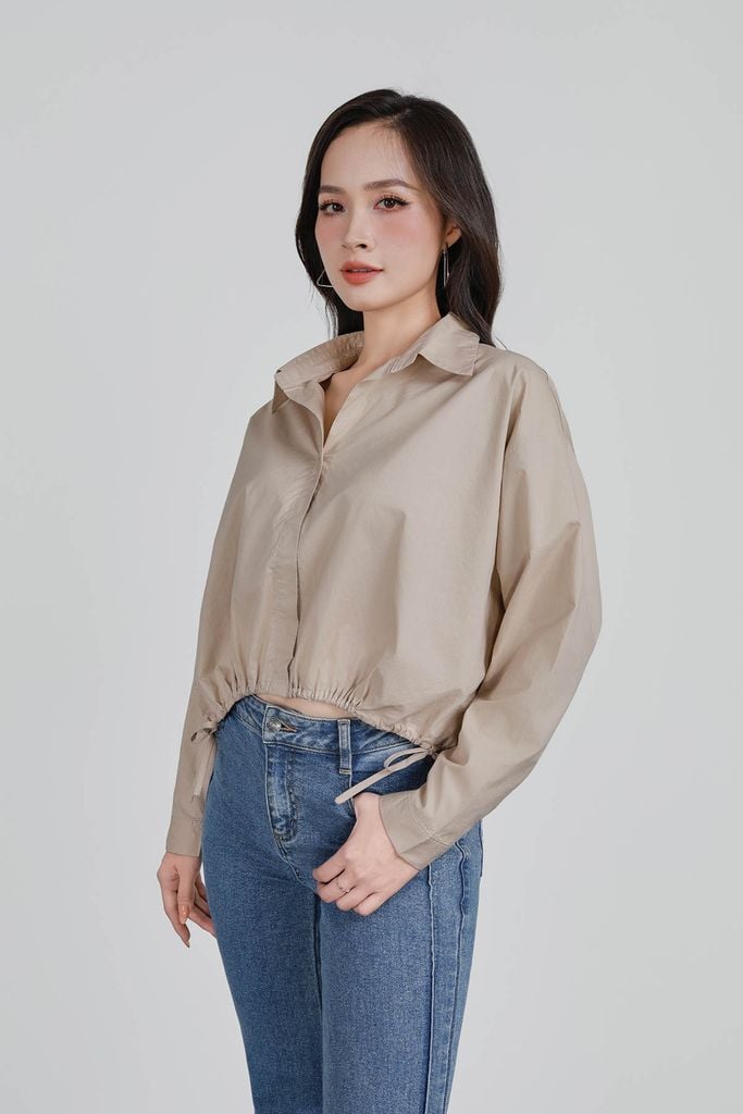 FAS53918 - Áo sơ mi công sở vải thô kate dáng suông cổ đức gấu áo bo chun phối dây nơ tạo kiểu - PANTIO