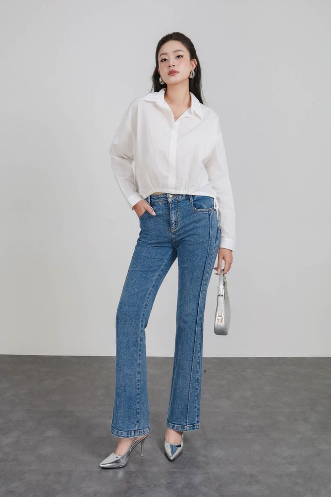 FAS53918 - Áo sơ mi công sở vải thô kate dáng suông cổ đức gấu áo bo chun phối dây nơ tạo kiểu - PANTIO