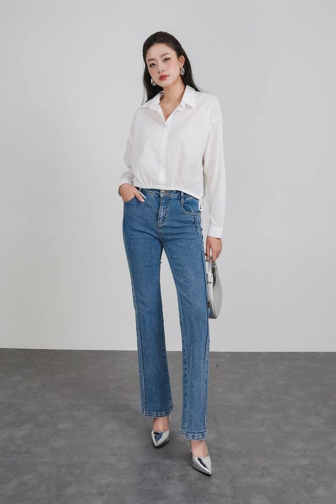 FAS53918 - Áo sơ mi công sở vải thô kate dáng suông cổ đức gấu áo bo chun phối dây nơ tạo kiểu - PANTIO