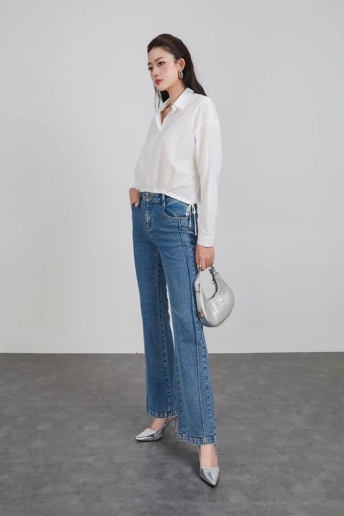 FAS53918 - Áo sơ mi công sở vải thô kate dáng suông cổ đức gấu áo bo chun phối dây nơ tạo kiểu - PANTIO