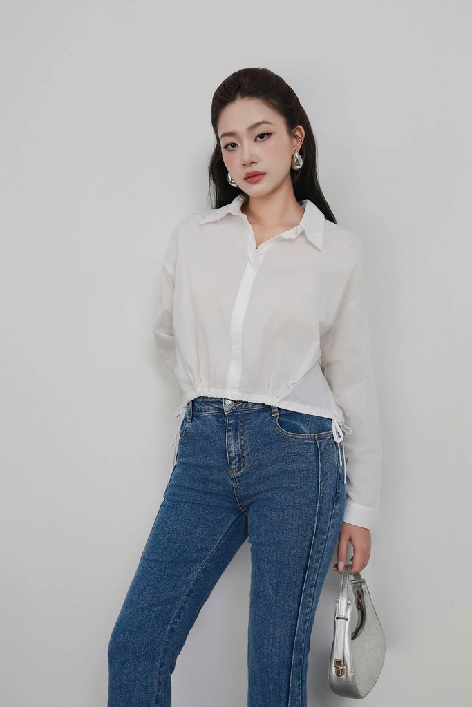 FAS53918 - Áo sơ mi công sở vải thô kate dáng suông cổ đức gấu áo bo chun phối dây nơ tạo kiểu - PANTIO