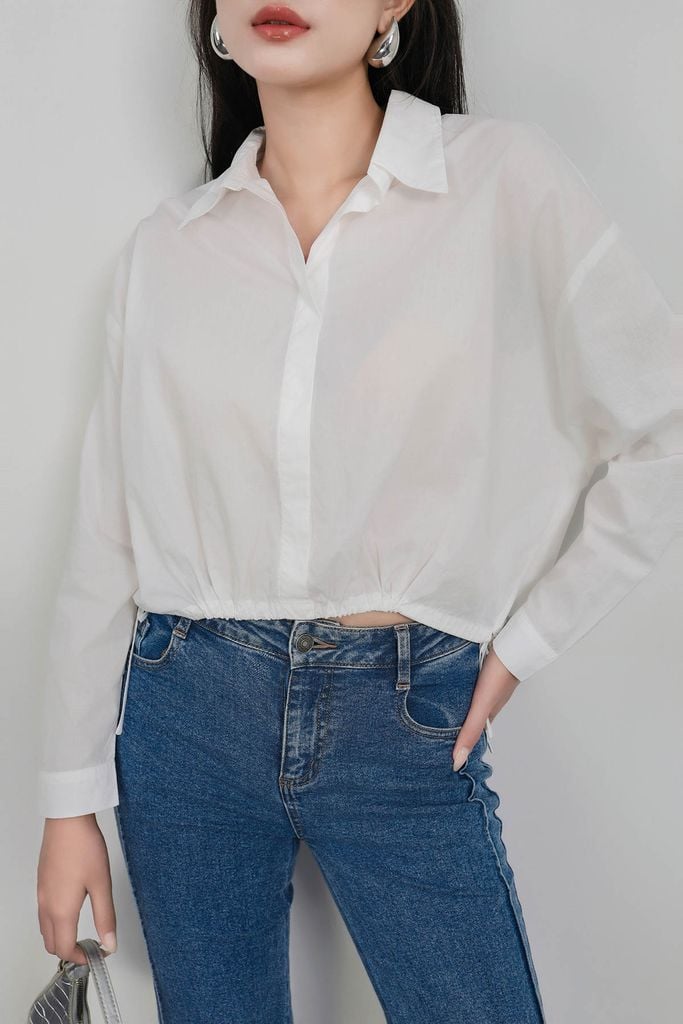 FAS53918 - Áo sơ mi công sở vải thô kate dáng suông cổ đức gấu áo bo chun phối dây nơ tạo kiểu - PANTIO