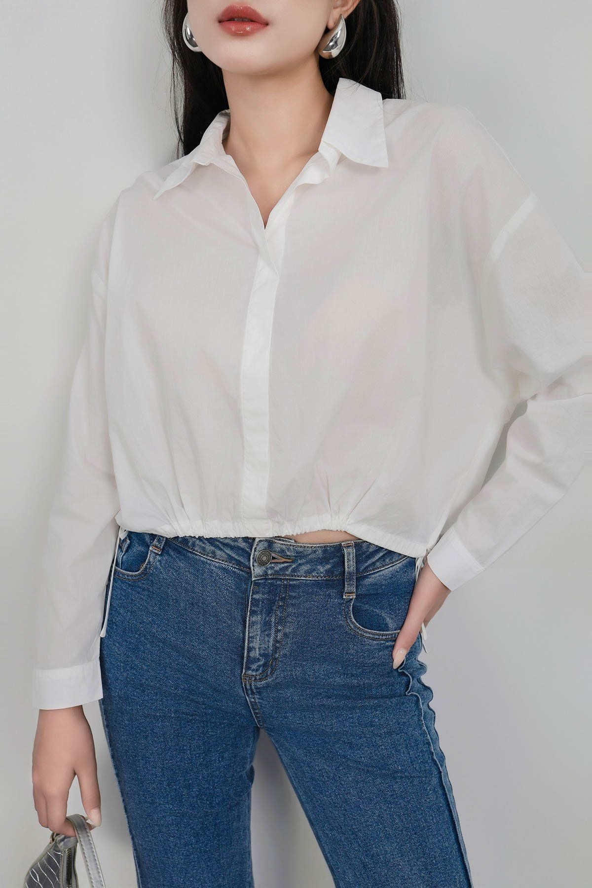 FAS53918 - Áo sơ mi công sở vải thô kate dáng suông cổ đức gấu áo bo chun phối dây nơ tạo kiểu - PANTIO