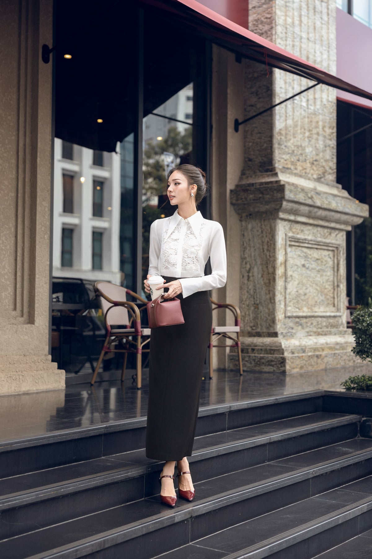 FJD51378 - Chân váy dài vải thô dáng suông cạp cao phối dây lưng co giãn tạo kiểu xẻ tà sau - PANTIO