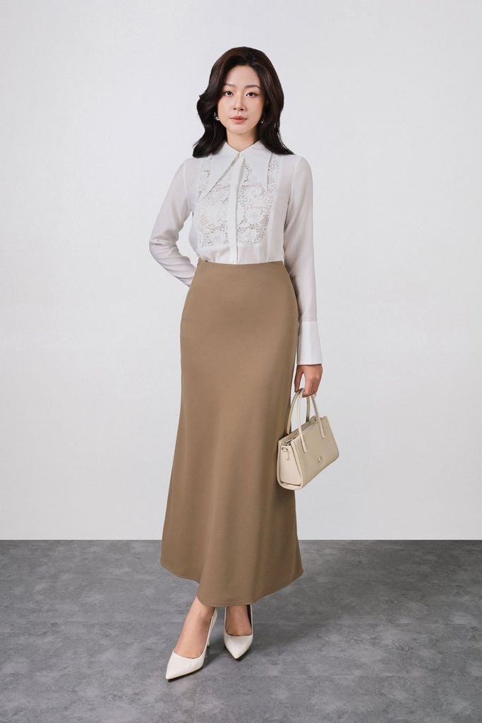 FAS53935 - Áo sơ mi công sở vải tơ dáng suông cổ đức tay măng sec thân áo phối ren cao cấp cài khuy trước - PANTIO