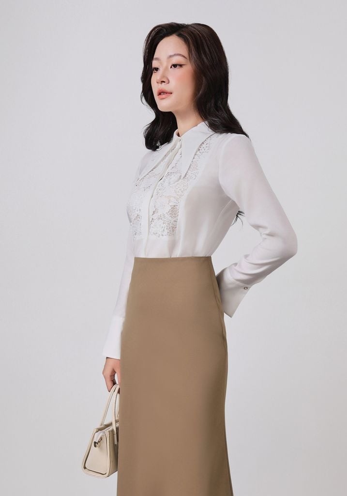 FAS53935 - Áo sơ mi công sở vải tơ dáng suông cổ đức tay măng sec thân áo phối ren cao cấp cài khuy trước - PANTIO