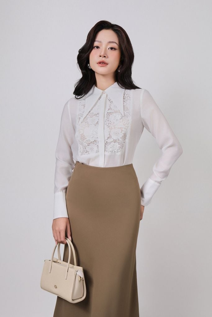 FAS53935 - Áo sơ mi công sở vải tơ dáng suông cổ đức tay măng sec thân áo phối ren cao cấp cài khuy trước - PANTIO