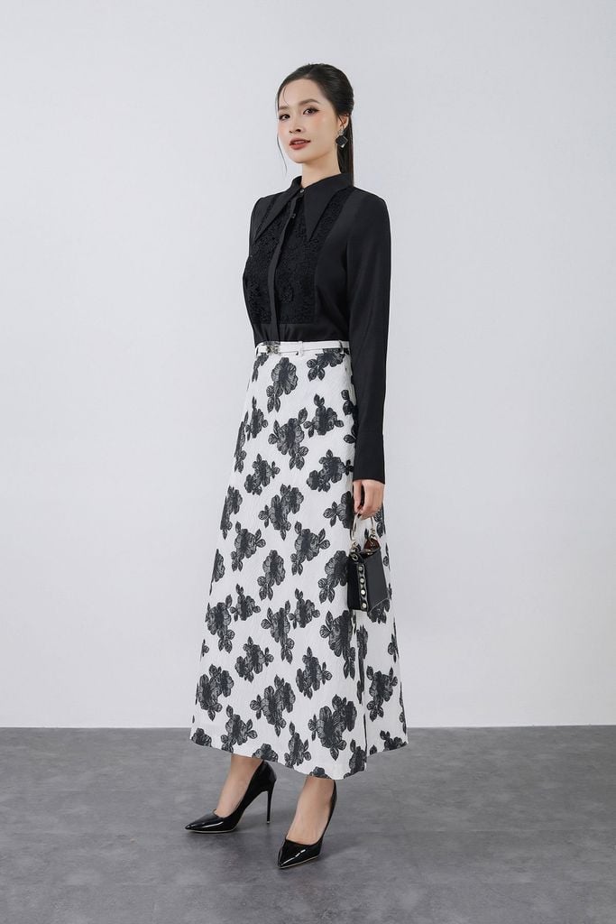 FAS53935 - Áo sơ mi công sở vải tơ dáng suông cổ đức tay măng sec thân áo phối ren cao cấp cài khuy trước - PANTIO