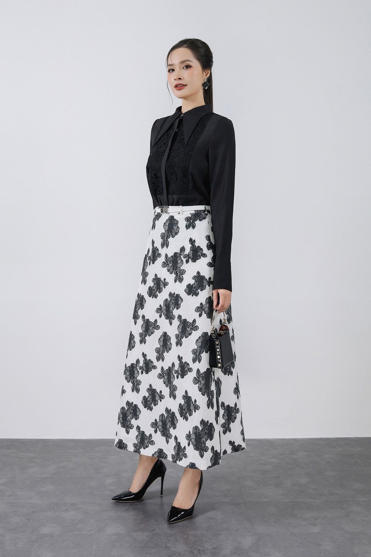 FJD31331 - Chân váy dài vải tafta hoa cao cấp dáng A xoè khóa thân sau - PANTIO