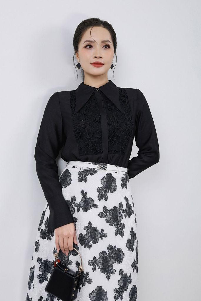 FAS53935 - Áo sơ mi công sở vải tơ dáng suông cổ đức tay măng sec thân áo phối ren cao cấp cài khuy trước - PANTIO