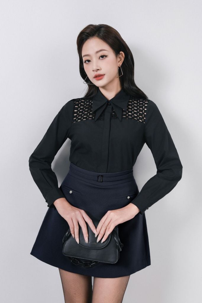 FJN3722 - Chân váy ngắn vải thô dày dáng A cạp phối phụ kiện kim loại khoá thân sau - PANTIO