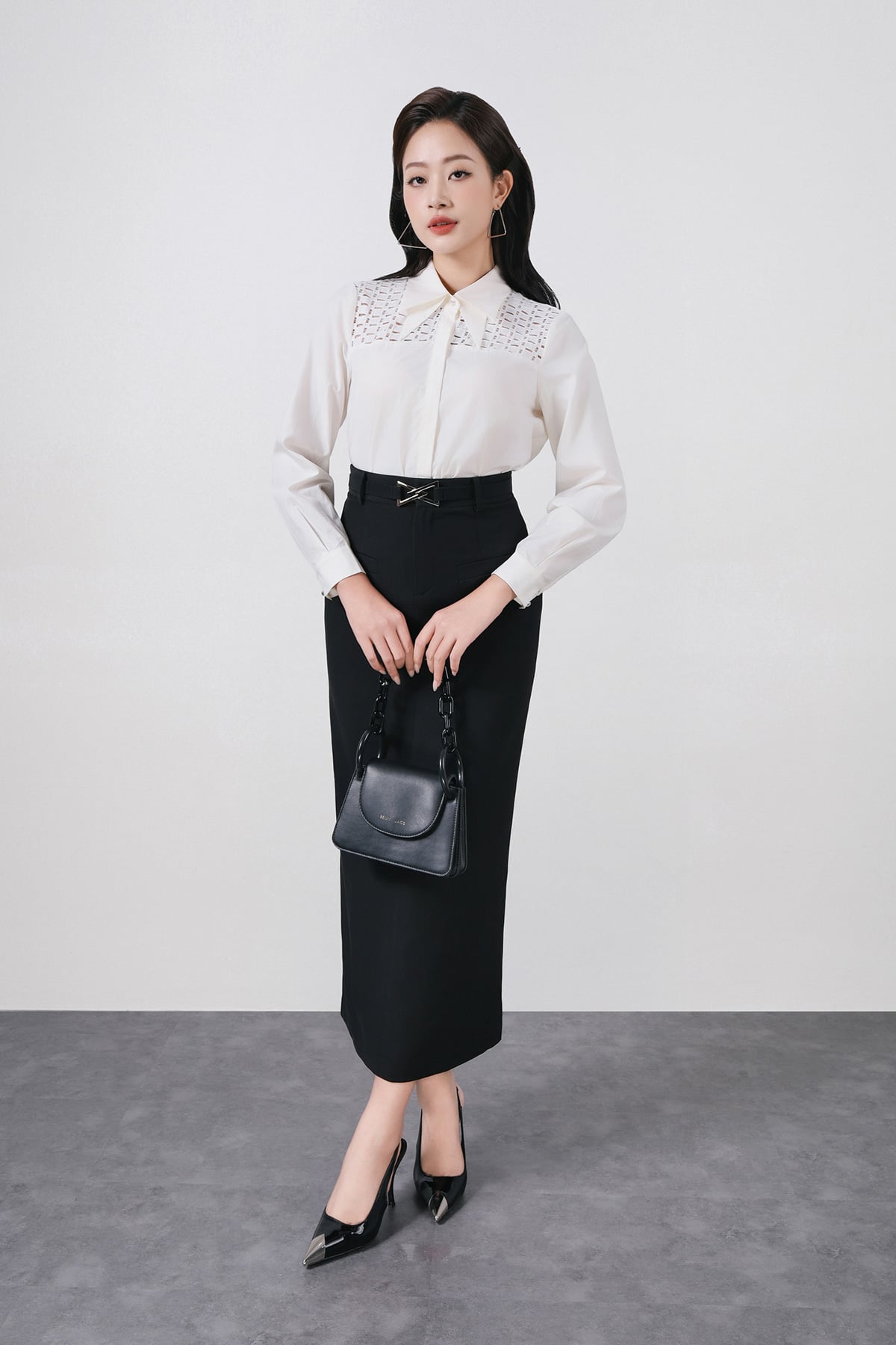 FJD51378 - Chân váy dài vải thô dáng suông cạp cao phối dây lưng co giãn tạo kiểu xẻ tà sau - PANTIO