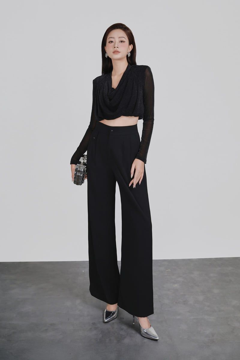 FAS53992 - Áo sơ mi kiểu vải lưới nhũ dáng croptop cổ đổ tay dài có đệm vai thời trang - PANTIO