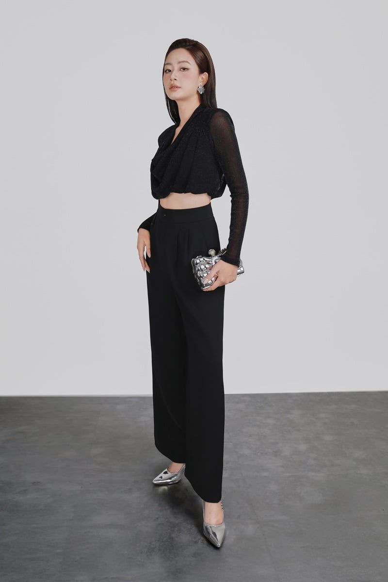 FAS53992 - Áo sơ mi kiểu vải lưới nhũ dáng croptop cổ đổ tay dài có đệm vai thời trang - PANTIO