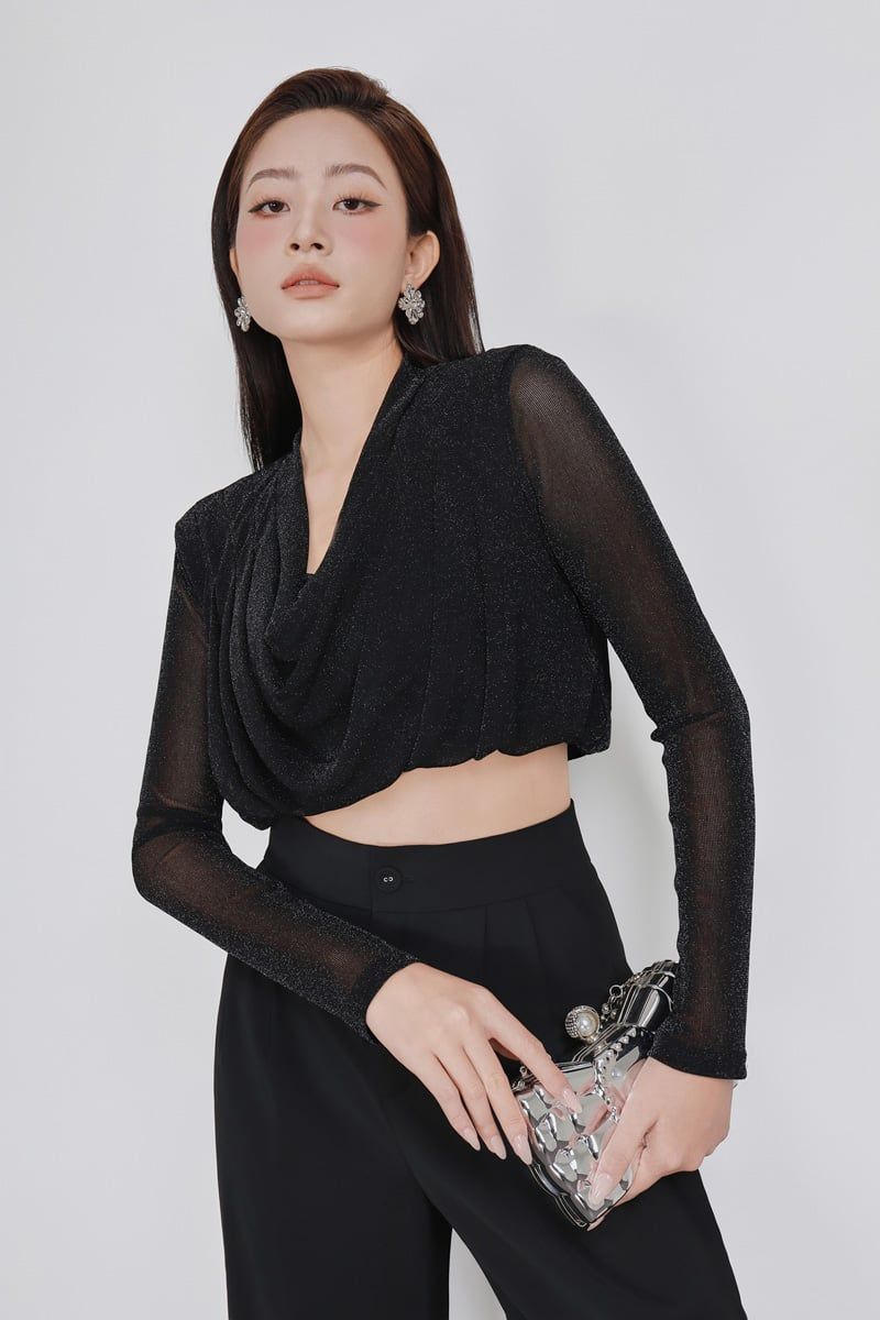 FAS53992 - Áo sơ mi kiểu vải lưới nhũ dáng croptop cổ đổ tay dài có đệm vai thời trang - PANTIO