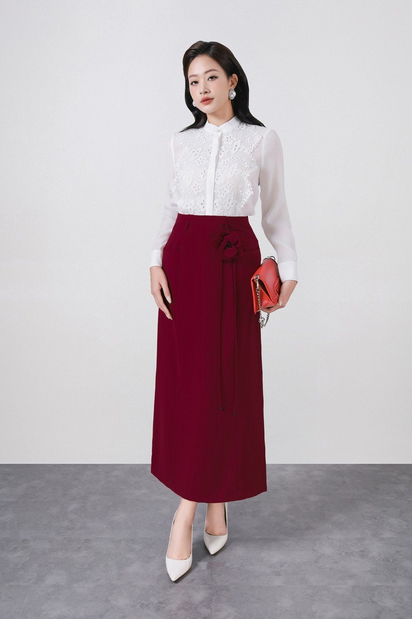 FJD51269 - Chân váy dài công sở vải tuytsi dáng suông cạp liền thân váy phối dây hoa 3D thời trang khoá thân sau - PANTIO