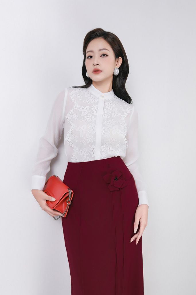 FJD51269 - Chân váy dài công sở vải tuytsi dáng suông cạp liền thân váy phối dây hoa 3D thời trang khoá thân sau - PANTIO