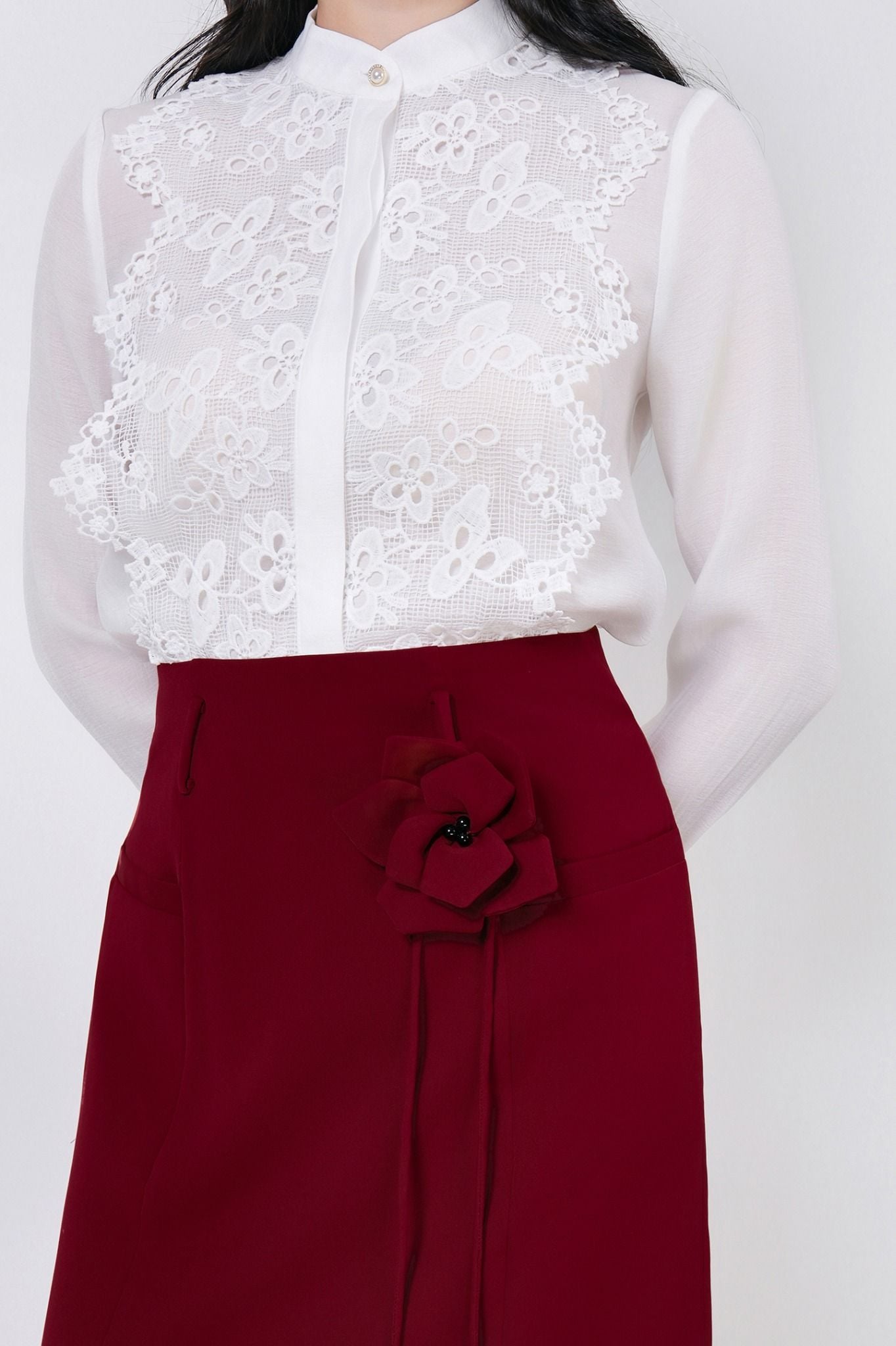 FJD51269 - Chân váy dài công sở vải tuytsi dáng suông cạp liền thân váy phối dây hoa 3D thời trang khoá thân sau - PANTIO