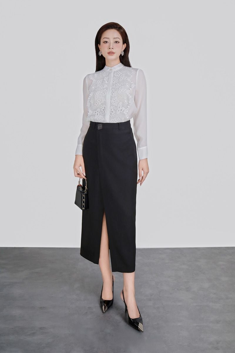 FAS54002 - Áo sơ mi công sở vải tơ dáng suông cổ tàu ngực áo phối ren hoa thời trang cài khuy thân trước - PANTIO