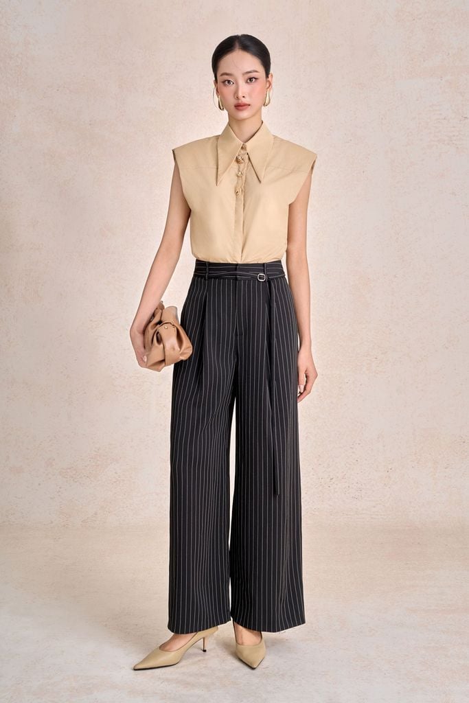 FAS54028 - Áo sơ mi công sở vải thô dáng suông cổ đức đính khuy đá kim loại tay chờm thời trang - PANTIO