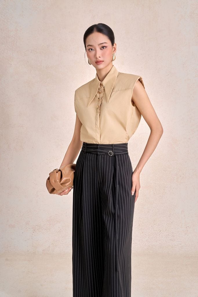 FAS54028 - Áo sơ mi công sở vải thô dáng suông cổ đức đính khuy đá kim loại tay chờm thời trang - PANTIO