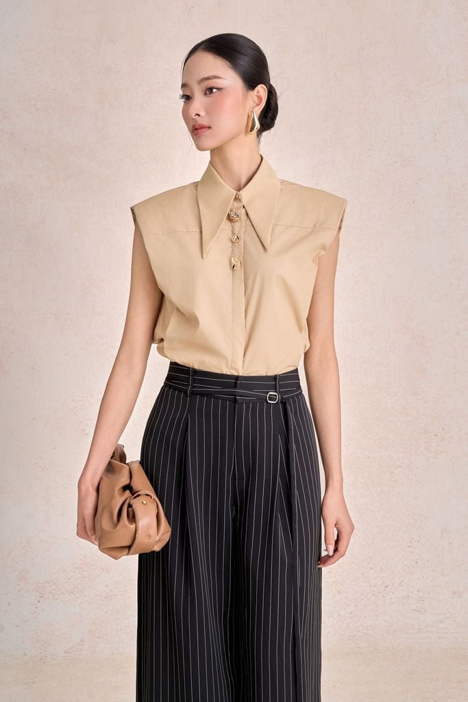 FAS54028 - Áo sơ mi công sở vải thô dáng suông cổ đức đính khuy đá kim loại tay chờm thời trang - PANTIO