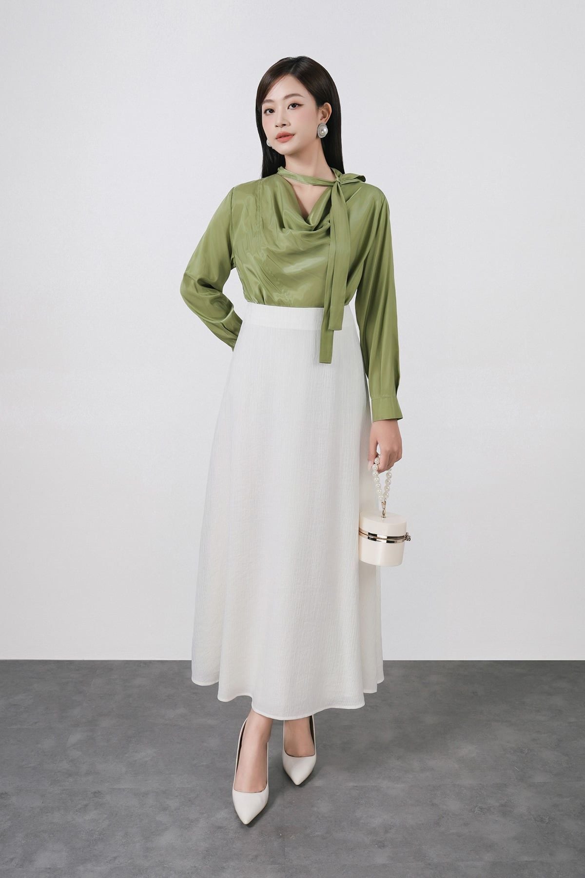 FAS54029 - Áo sơ mi công sở vải thô lụa dáng suông cổ đổ phối dây thắt tạo kiểu tay dài thời trang - PANTIO