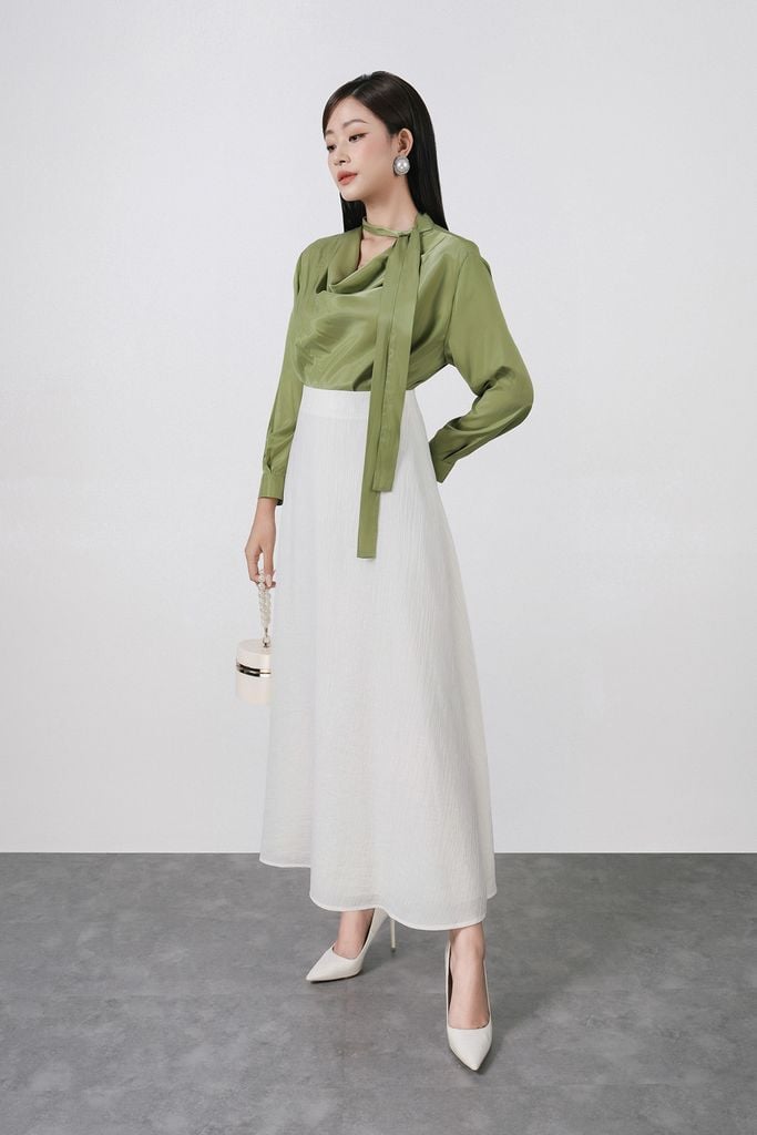 FAS54029 - Áo sơ mi công sở vải thô lụa dáng suông cổ đổ phối dây thắt tạo kiểu tay dài thời trang - PANTIO