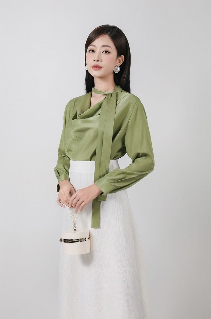 FAS54029 - Áo sơ mi công sở vải thô lụa dáng suông cổ đổ phối dây thắt tạo kiểu tay dài thời trang - PANTIO