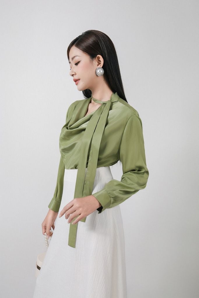 FAS54029 - Áo sơ mi công sở vải thô lụa dáng suông cổ đổ phối dây thắt tạo kiểu tay dài thời trang - PANTIO