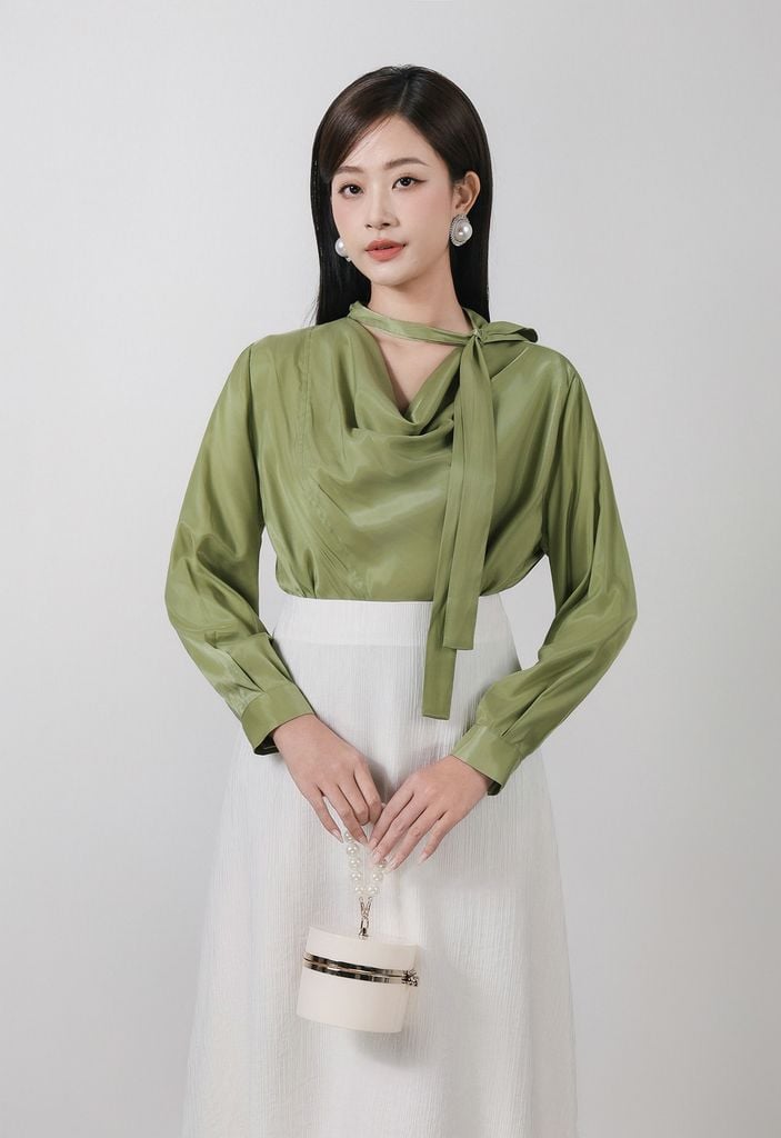 FAS54029 - Áo sơ mi công sở vải thô lụa dáng suông cổ đổ phối dây thắt tạo kiểu tay dài thời trang - PANTIO