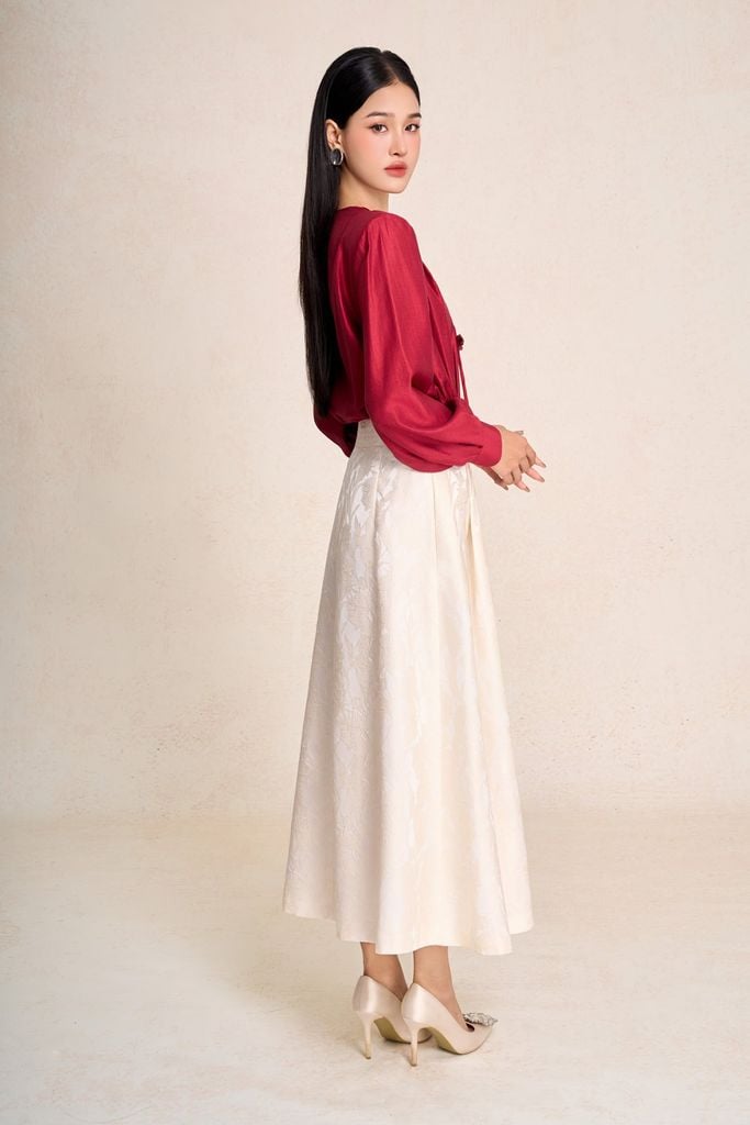 FJD51435 - Chân váy dài vải gấm dáng chữ A cạp phối kim loại tạo kiểu khóa thân sau - PANTIO