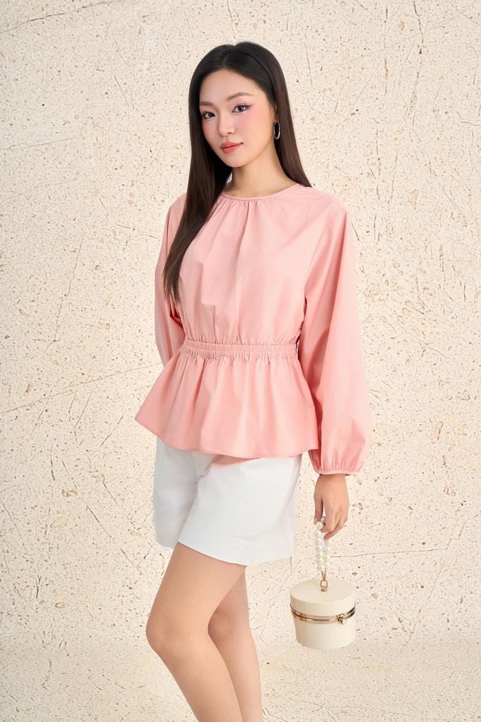 FAS54069 - Áo sơ mi dạo phố vải thô kate dáng peplum cổ tròn tay phồng dài eo phối chun ôm thời trang - PANTIO