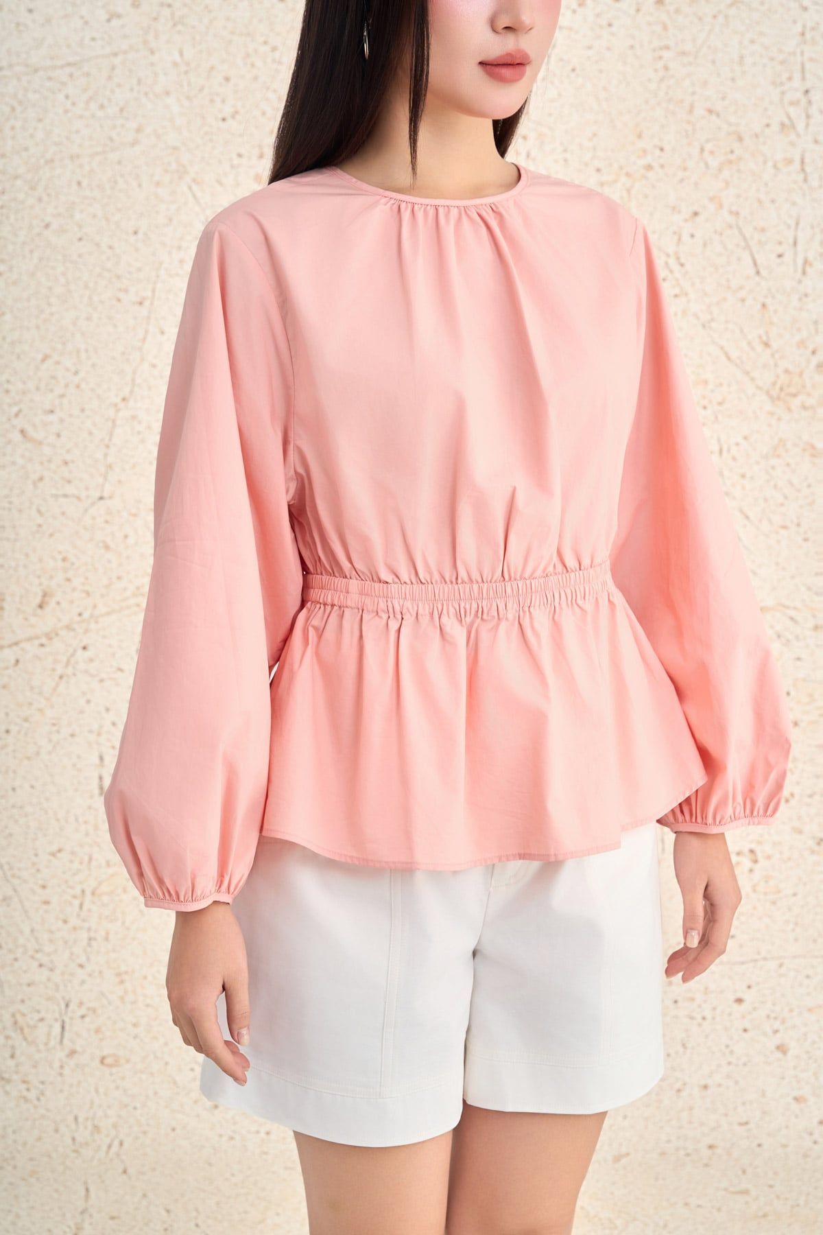 FAS54069 - Áo sơ mi dạo phố vải thô kate dáng peplum cổ tròn tay phồng dài eo phối chun ôm thời trang - PANTIO