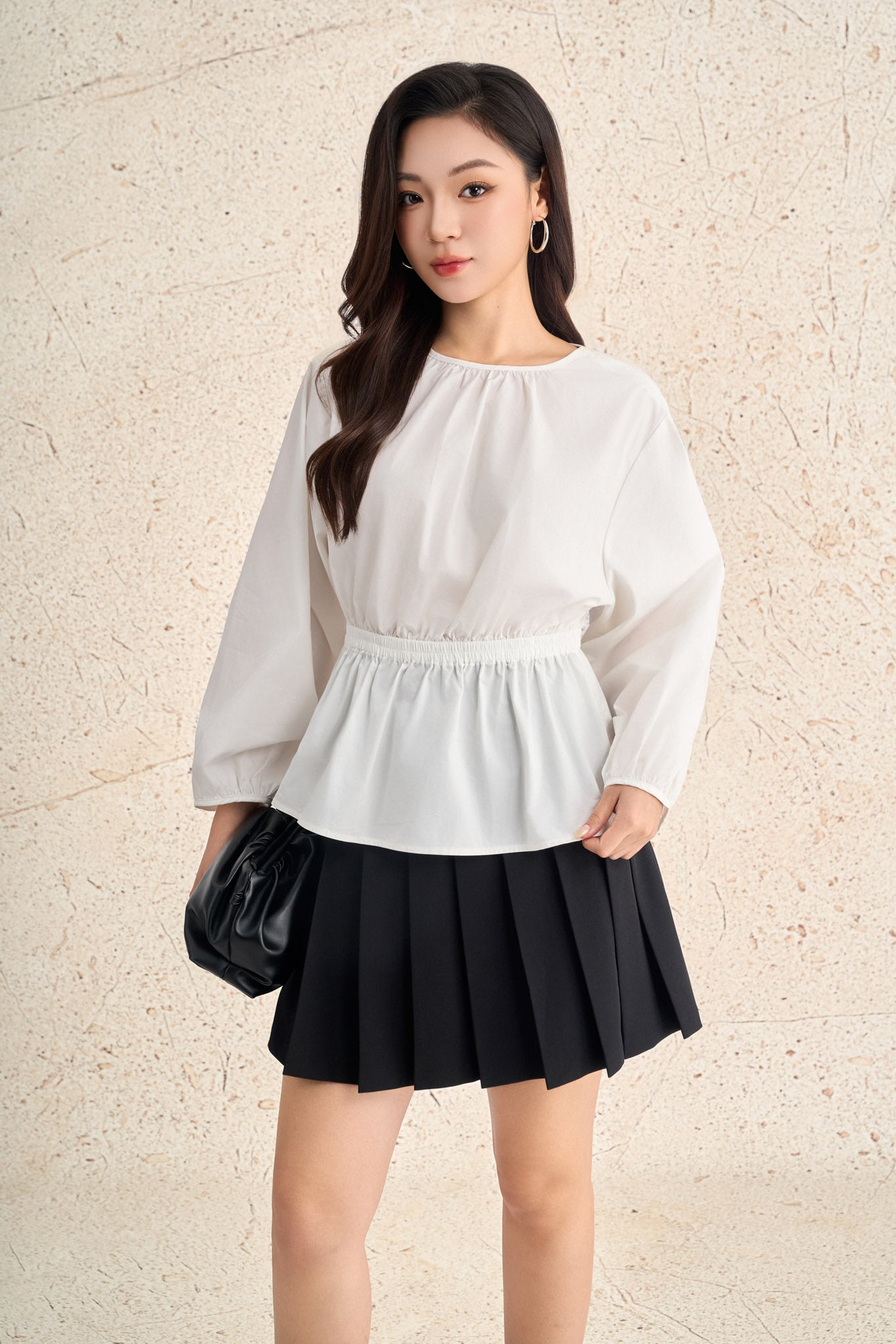 FAS54069 - Áo sơ mi dạo phố vải thô kate dáng peplum cổ tròn tay phồng dài eo phối chun ôm thời trang - PANTIO
