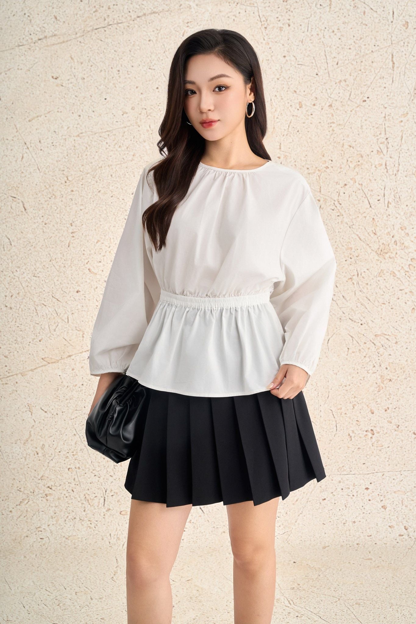 FAS54069 - Áo sơ mi dạo phố vải thô kate dáng peplum cổ tròn tay phồng dài eo phối chun ôm thời trang - PANTIO