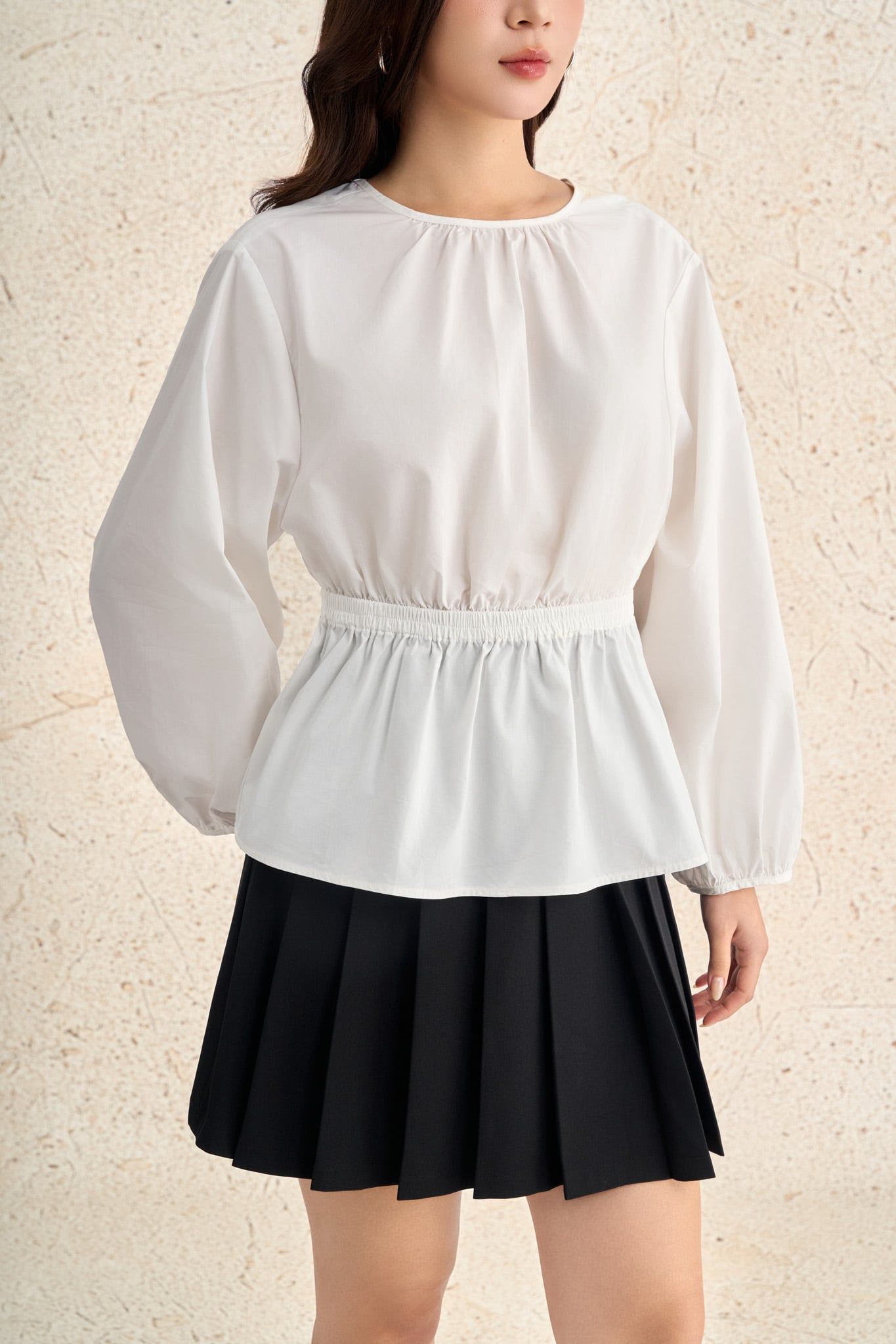 FAS54069 - Áo sơ mi dạo phố vải thô kate dáng peplum cổ tròn tay phồng dài eo phối chun ôm thời trang - PANTIO