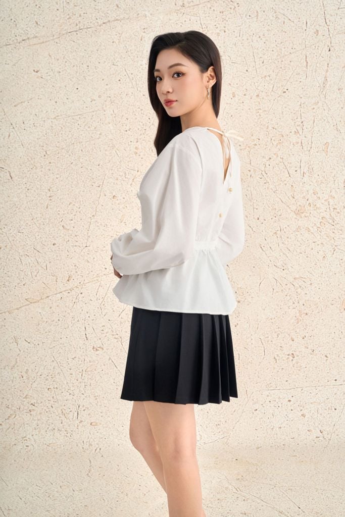 FAS54069 - Áo sơ mi dạo phố vải thô kate dáng peplum cổ tròn tay phồng dài eo phối chun ôm thời trang - PANTIO