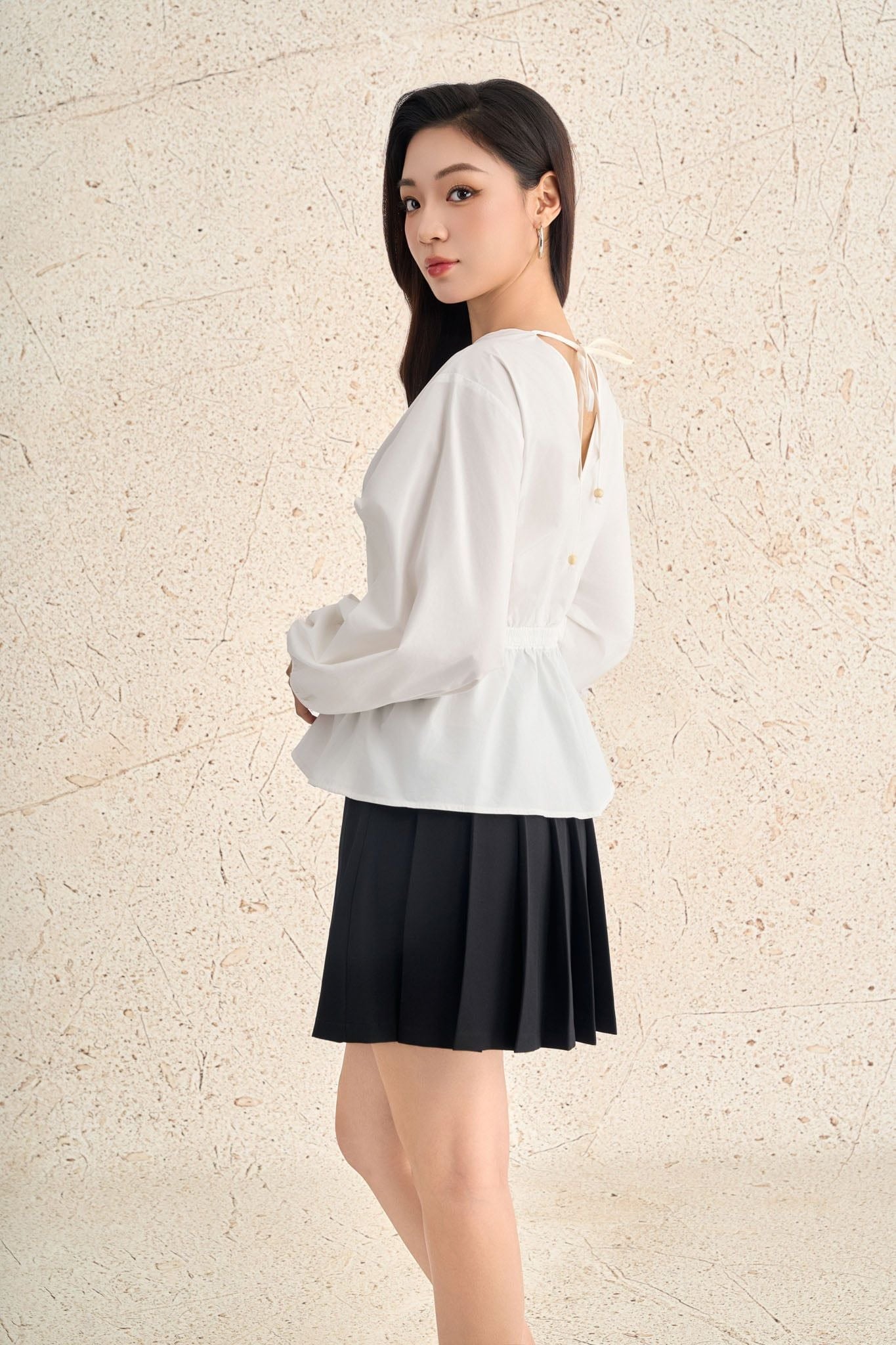 FAS54069 - Áo sơ mi dạo phố vải thô kate dáng peplum cổ tròn tay phồng dài eo phối chun ôm thời trang - PANTIO